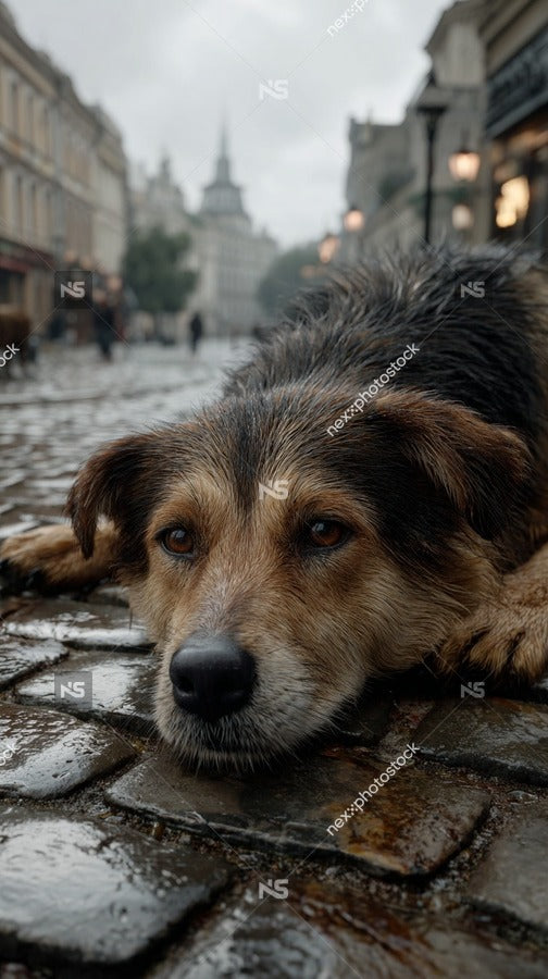A Dog Lying On A Wet Cobblestone Street — Stock Photo
