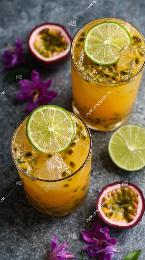 Two Glasses Of Fresh Fruit Cocktails Garnished With Lime Wedges Set Against A Backdrop Of Sliced Fruits And Purple Flowers — Stock Photo