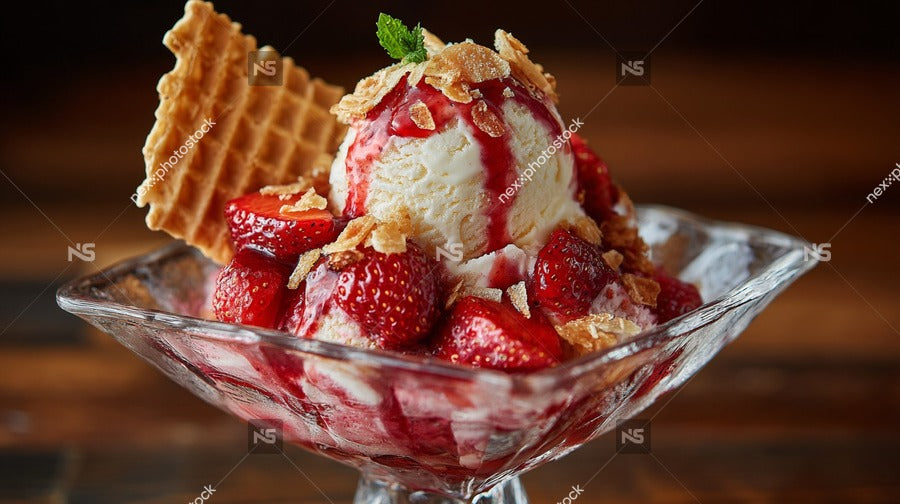 A Scoop Of Strawberry Ice Cream In A Glass Dish Topped With Whipped Cream And Nuts — Stock Photo