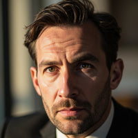 A Man In A Suit With Short Hair And A Beard Is Looking Off To The Side With A Serious Expression — Stock Photo