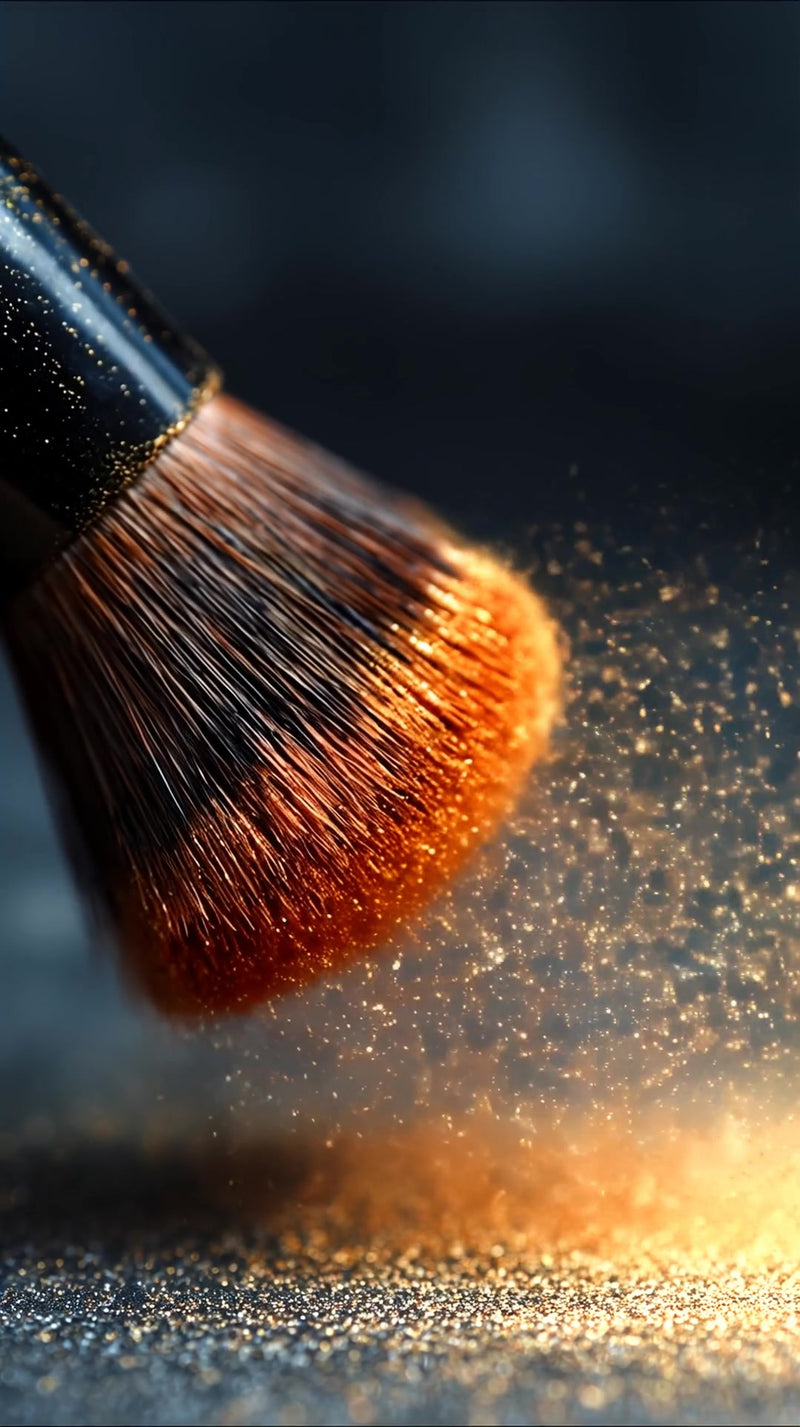 a close up view of a makeup brush with gold glitter falling onto it creating a speckled effect on a dark background - Stock Video
