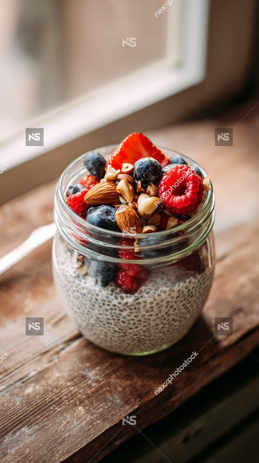 A Mason Jar Filled With Blueberries Yogurt And Nuts On A Wooden Table — Stock Photo