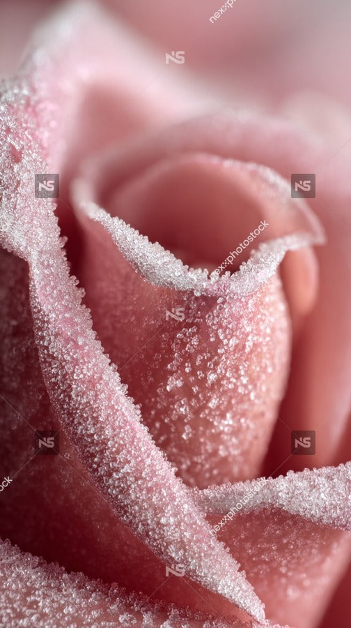 Close Up Of A Pink Rose With Sugar Crystals On Its Petals Set Against A Blurred Background — Stock Photo