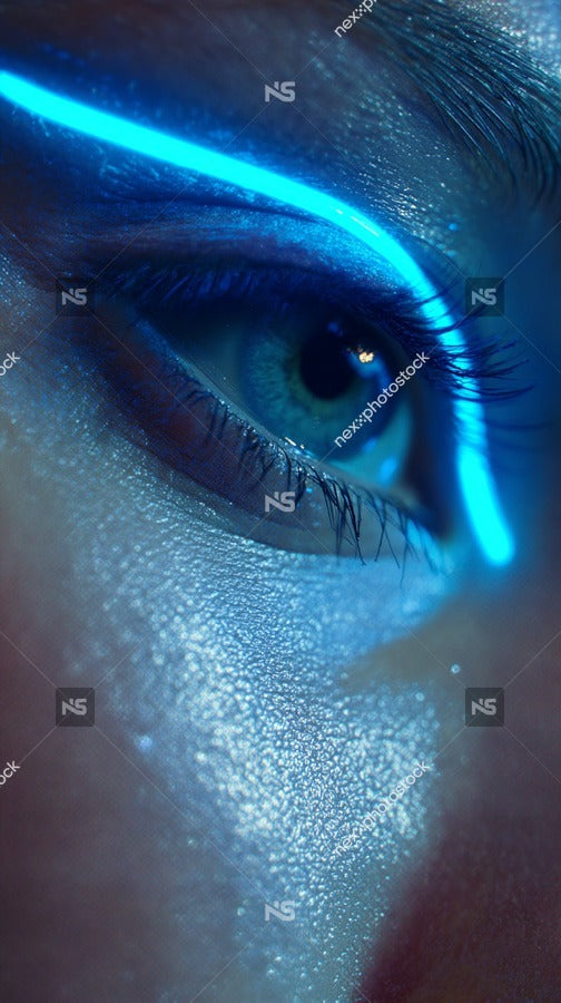 A Close Up Portrait Of A Person With A Striking Blue Eye And A Glowing Neon Line Running Across Their Face — Stock Photo
