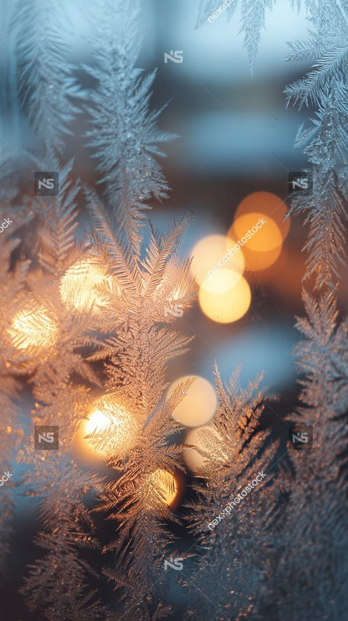 Frosted Window With Ice Crystals Creating A Patterned View Of Lights Outside — Stock Photo