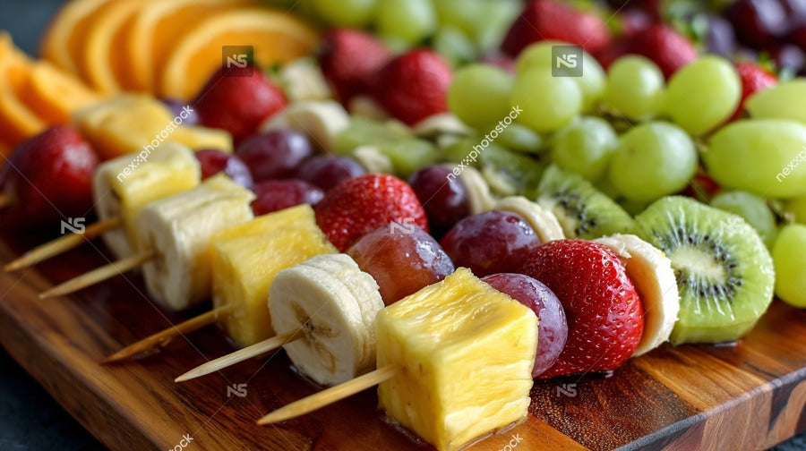 Vibrant Fruit Skewers Arranged On A Wooden Platter Showcasing An Assortment Of Fresh Fruits And Vegetables — Stock Photo