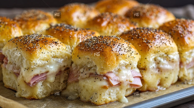 Six Savory Sandwiches On Bread Rolls Arranged In A Row On A Tray With Visible Fillings And Toppings Including Cheese And Meat — Stock Photo