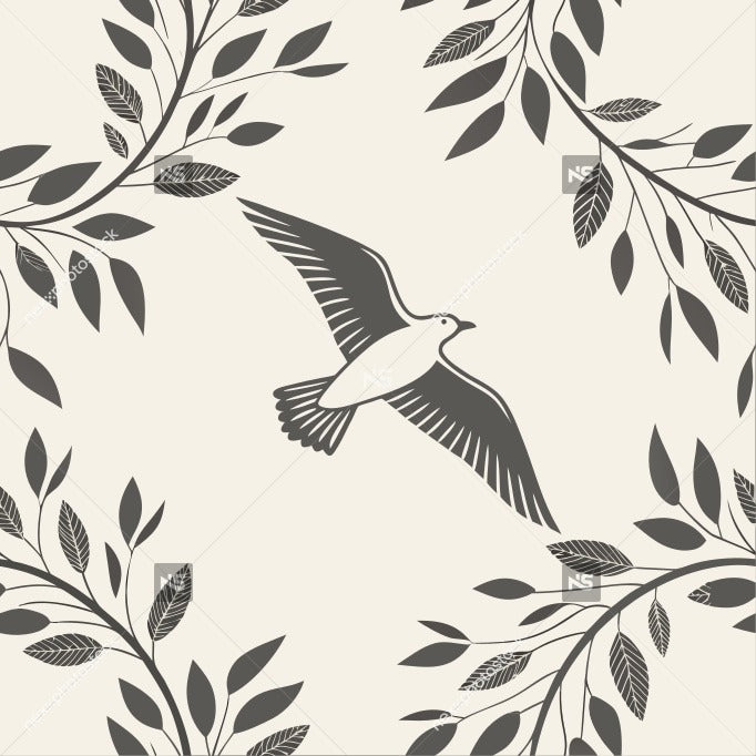 Black And White Illustration Of A Bird In Flight Surrounded By Leaves And Branches — Stock Vector