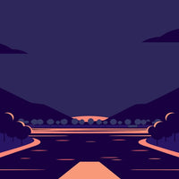 Dark Nighttime Scene Of A Serene Landscape With A Winding Road Leading To A Distant Mountain Under A Pink Sky — Stock Vector