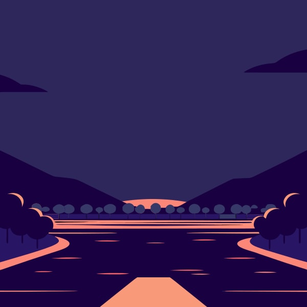 Dark Nighttime Scene Of A Serene Landscape With A Winding Road Leading To A Distant Mountain Under A Pink Sky — Stock Vector
