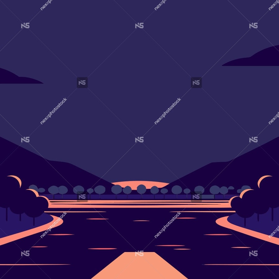 Dark Nighttime Scene Of A Serene Landscape With A Winding Road Leading To A Distant Mountain Under A Pink Sky — Stock Vector