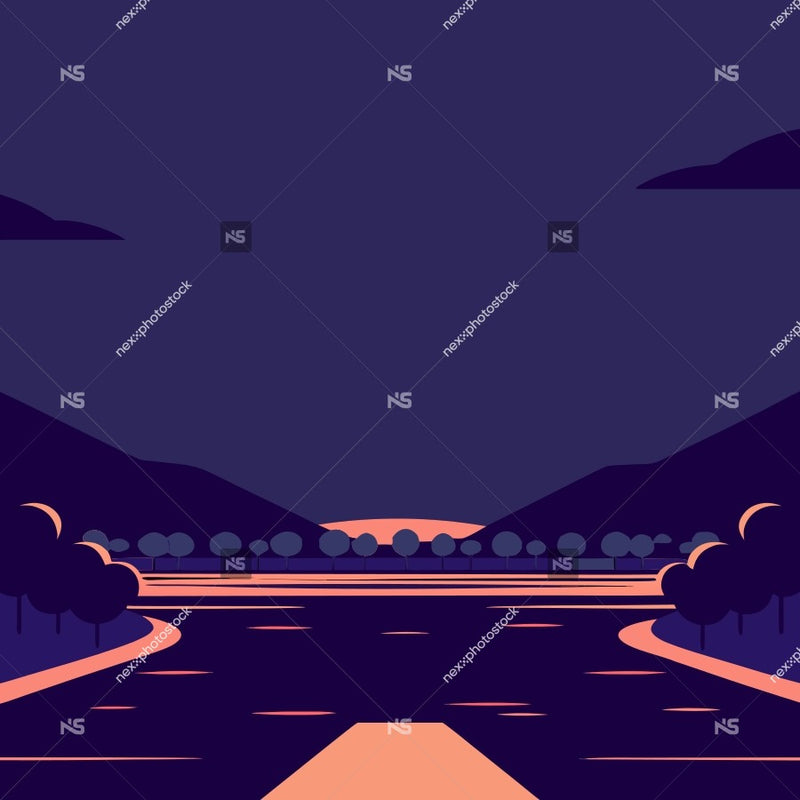 Dark Nighttime Scene Of A Serene Landscape With A Winding Road Leading To A Distant Mountain Under A Pink Sky — Stock Vector