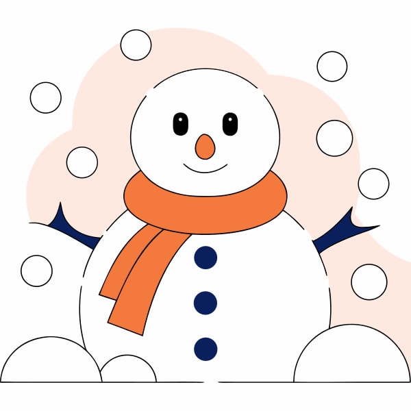 A Cartoon Snowman With A Carrot Nose Wearing An Orange Scarf And Standing Amidst Falling Snowflakes — Stock Vector
