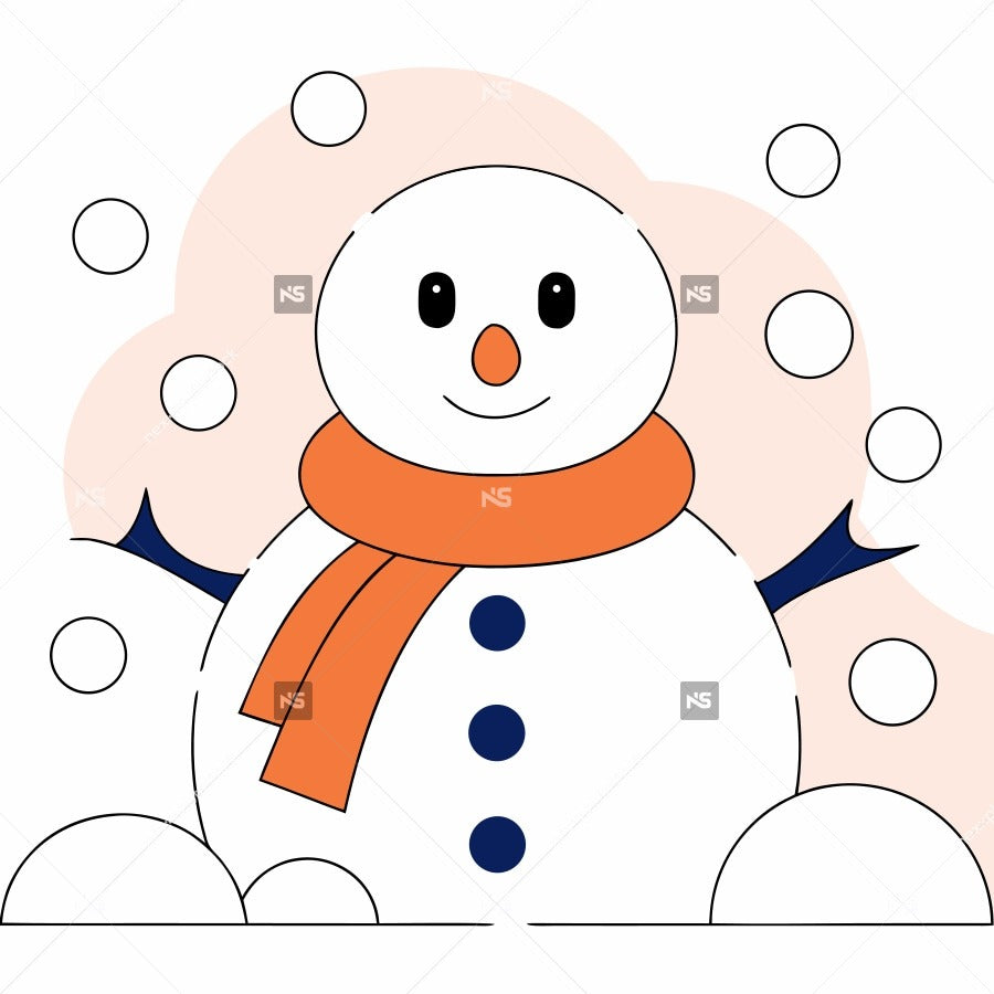 A Cartoon Snowman With A Carrot Nose Wearing An Orange Scarf And Standing Amidst Falling Snowflakes — Stock Vector