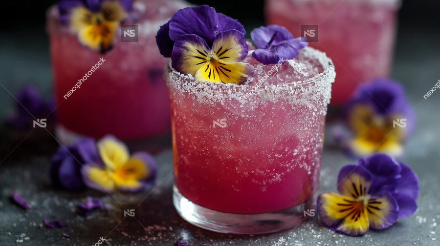 Purple Flower Garnished Cocktails With Sugar Rimmed Glasses And Purple Flowers On A Dark Background — Stock Photo