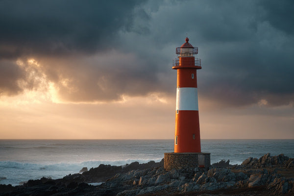 A Lighthouse Stands Prominently Against A Sky With Dark Clouds Looming Overhead And The Ocean Visible In The Background — Stock Photo