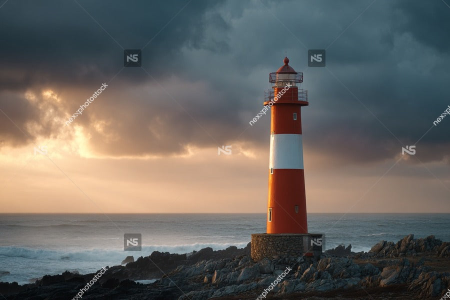 A Lighthouse Stands Prominently Against A Sky With Dark Clouds Looming Overhead And The Ocean Visible In The Background — Stock Photo