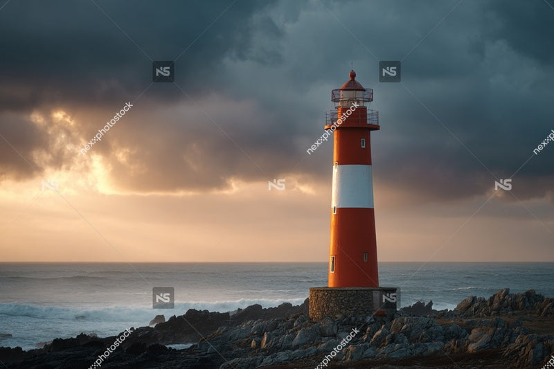 A Lighthouse Stands Prominently Against A Sky With Dark Clouds Looming Overhead And The Ocean Visible In The Background — Stock Photo