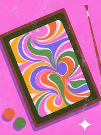 Colorful Abstract Art Piece With Vibrant Swirls And Patterns Displayed On A Table With A Paintbrush Nearby — Stock Illustration