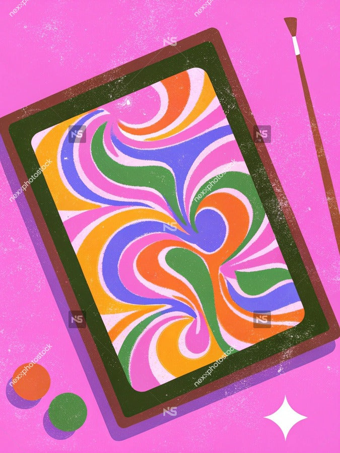 Colorful Abstract Art Piece With Vibrant Swirls And Patterns Displayed On A Table With A Paintbrush Nearby — Stock Illustration