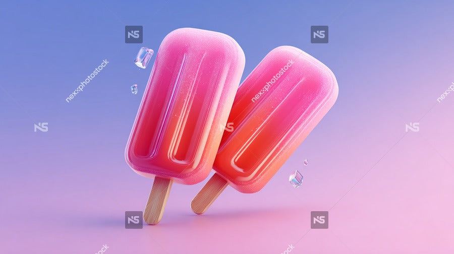 Two Pink Ice Cream Popsicles With Water Droplets In Front Of Them Against A Blue Background — Stock Photo
