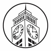 Displays A Black And White Icon A Stylized Clock Tower With Two Visible Clock Faces One On Each Side Of The Tower — Stock Vector