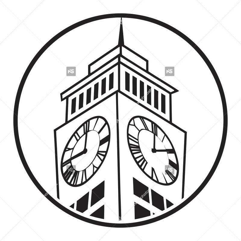 Displays A Black And White Icon A Stylized Clock Tower With Two Visible Clock Faces One On Each Side Of The Tower — Stock Vector