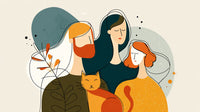 A Family Of Four Including A Cat Poses Together In A Warm And Intimate Scene — Stock Illustration