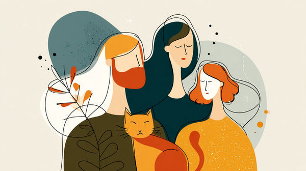 A Family Of Four Including A Cat Poses Together In A Warm And Intimate Scene — Stock Illustration