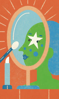 A Vintage Style Makeup Mirror With A Woman S Face Reflected In It Placed On A Countertop With A Toothbrush And Toothpaste Nearby — Stock Illustration
