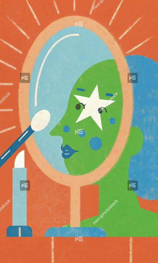 A Vintage Style Makeup Mirror With A Woman S Face Reflected In It Placed On A Countertop With A Toothbrush And Toothpaste Nearby — Stock Illustration