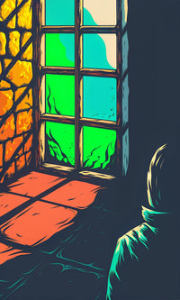 Illustration Of A Person Sitting By A Window With A Colorful Stained Glass Effect Looking Out Onto A Serene Landscape — Stock Illustration