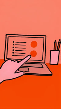 A Hand Pointing To A Laptop Screen With A Red And Orange Color Gradient Background — Stock Illustration