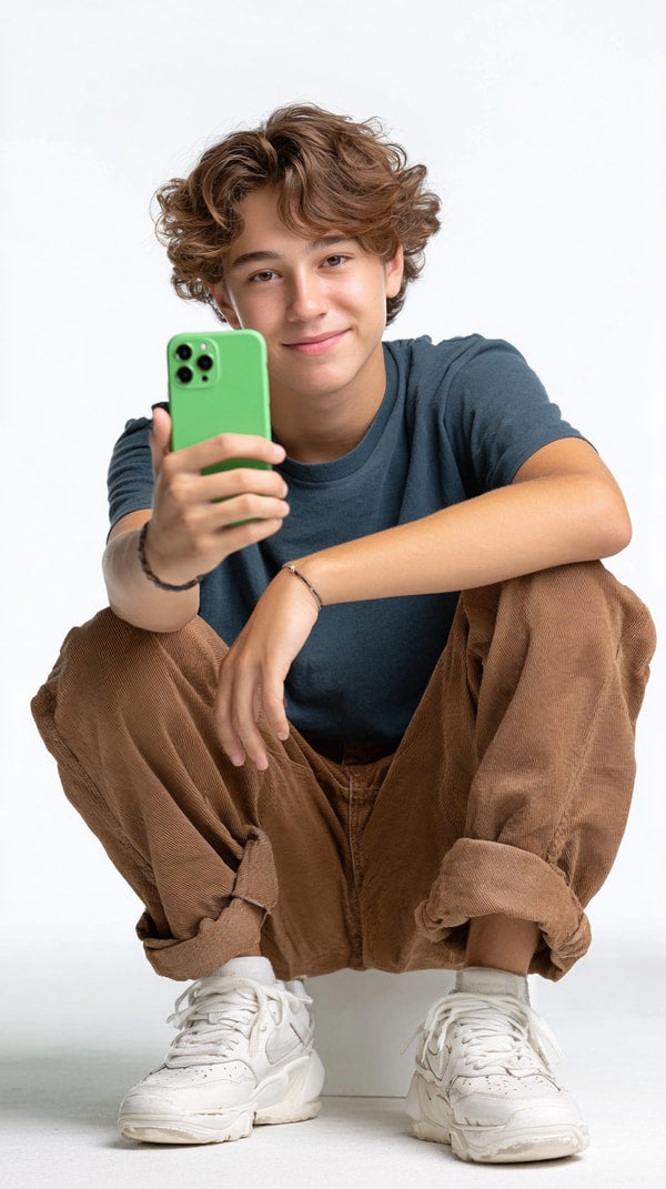 A Young Man Holding A Green Smartphone In His Hand While Posing For A Photo — Stock Photo