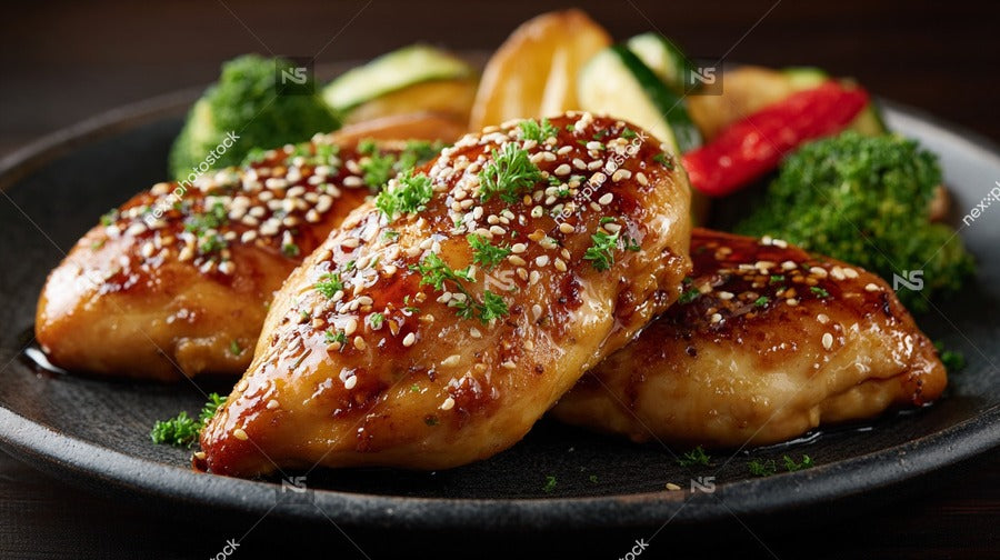 Close Up Of A Plate Of Chicken Wings With Sesame Seeds And Vegetables On A Black Tray — Stock Photo