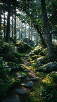 A Serene Forest Path Surrounded By Lush Greenery And Towering Trees Invites A Peaceful Walk Through Nature — Stock Photo
