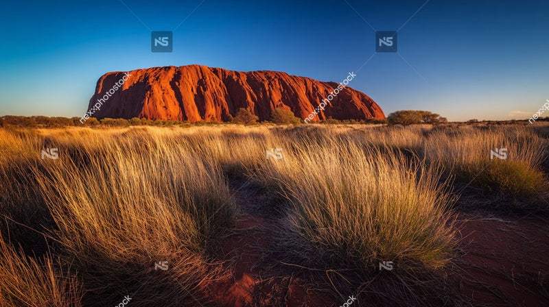 Awe Inspiring Sunset View Of Uluru Australia S Iconic Landmark Set Against A Backdrop Of Clear Skies And A Field Of Tall Grass — Stock Photo