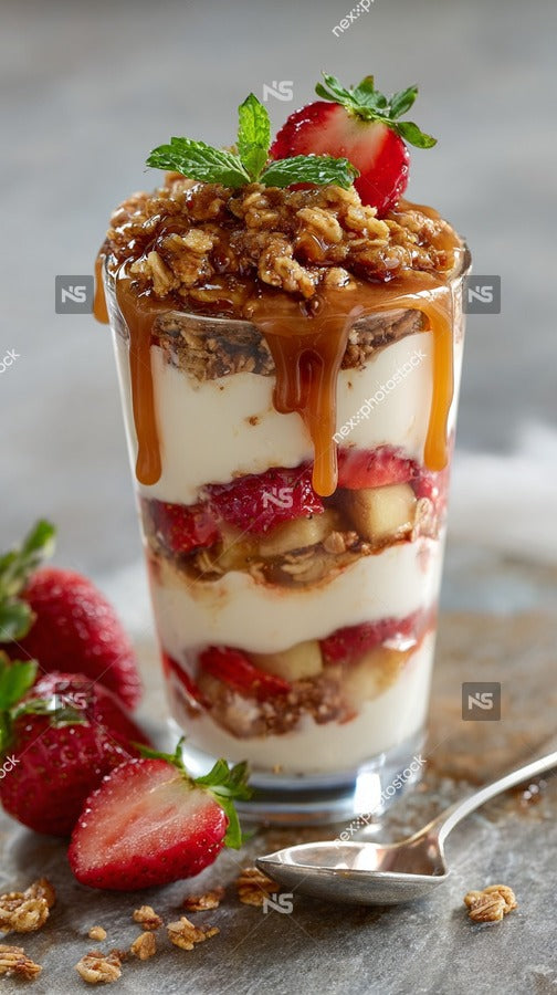 A Glass Jar Filled With Layers Of Caramel Strawberries And Nuts Topped With A Drizzle Of Caramel Sauce — Stock Photo