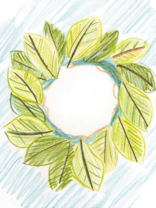 Hand Drawn Illustration Of A Wreath With Leaves And A Sun In The Center Set Against A Blue Background — Stock Illustration