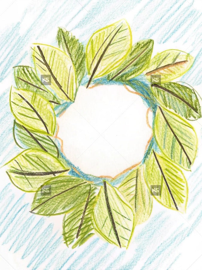 Hand Drawn Illustration Of A Wreath With Leaves And A Sun In The Center Set Against A Blue Background — Stock Illustration