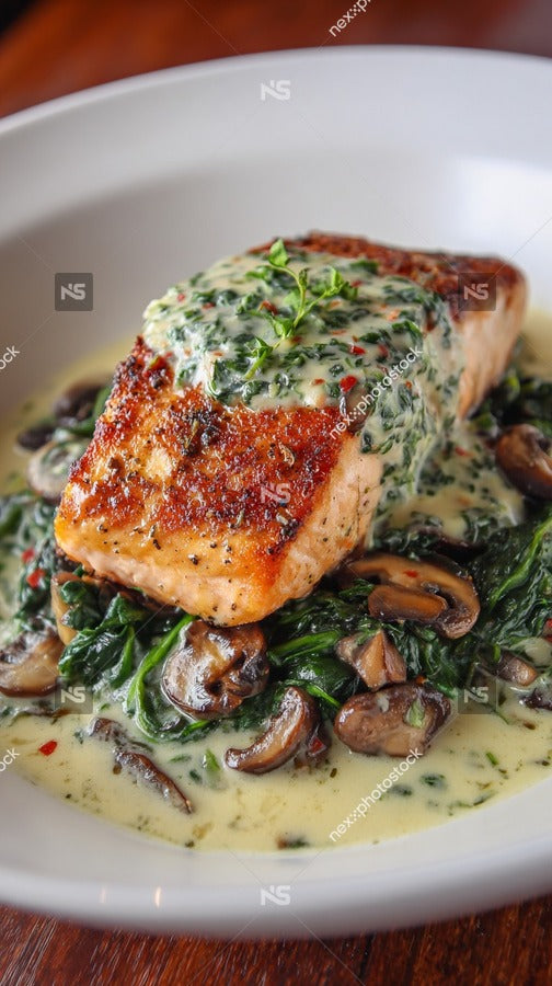 A Plate Of Fish Topped With Spinach And Cheese Sauce Served On A White Plate — Stock Photo
