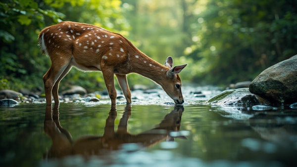 A Deer Drinking Water From A Stream In A Forest Setting — Stock Photo