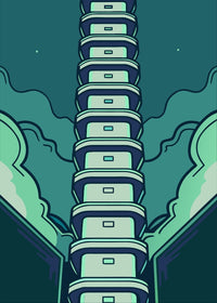 A Tall Tower Composed Of Multiple Stacked Containers Set Against A Dark Background With A Hint Of Green And Blue Hues — Stock Vector