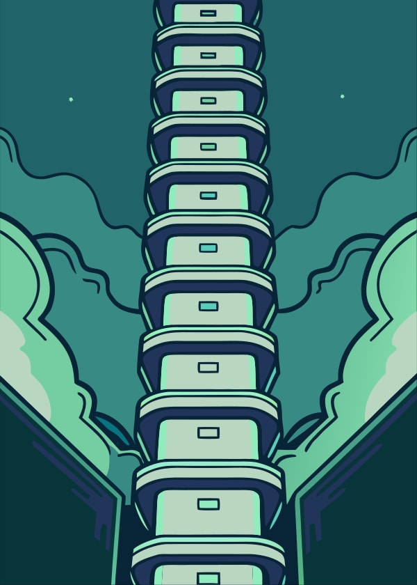 A Tall Tower Composed Of Multiple Stacked Containers Set Against A Dark Background With A Hint Of Green And Blue Hues — Stock Vector