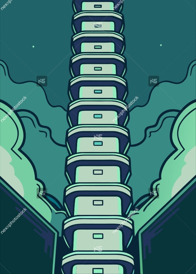 A Tall Tower Composed Of Multiple Stacked Containers Set Against A Dark Background With A Hint Of Green And Blue Hues — Stock Vector