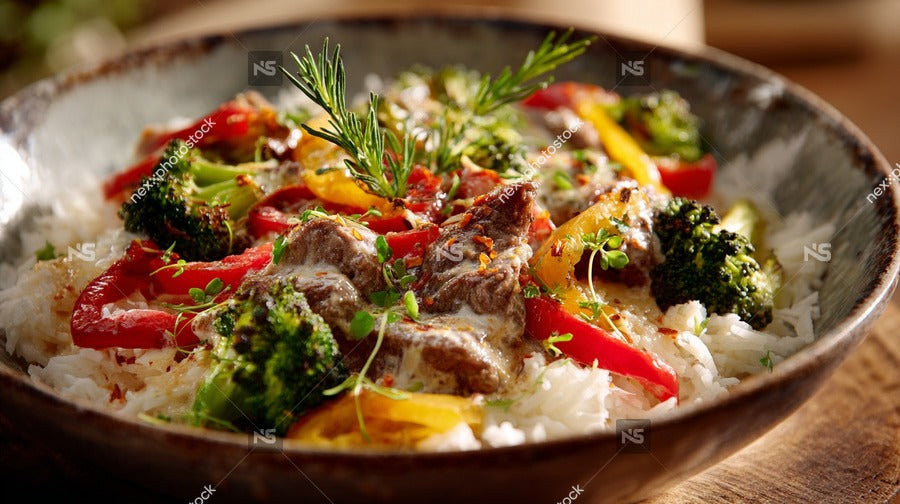 A Bowl Of Savory Rice Topped With A Variety Of Vegetables Including Broccoli And Peppers Served On A Wooden Table — Stock Photo