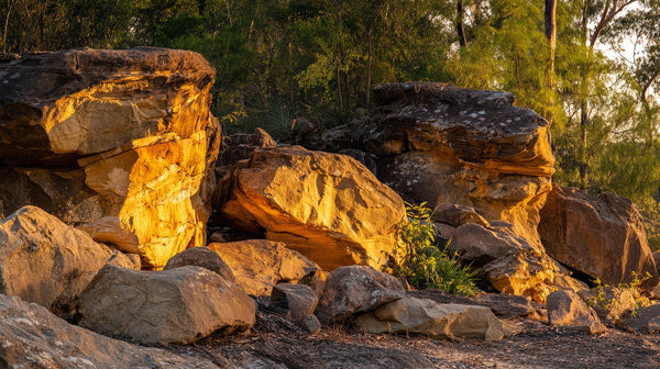 Showcases A Collection Of Large Jagged Rocks Bathed In Sunlight With A Clear Sky As The Backdrop — Stock Photo