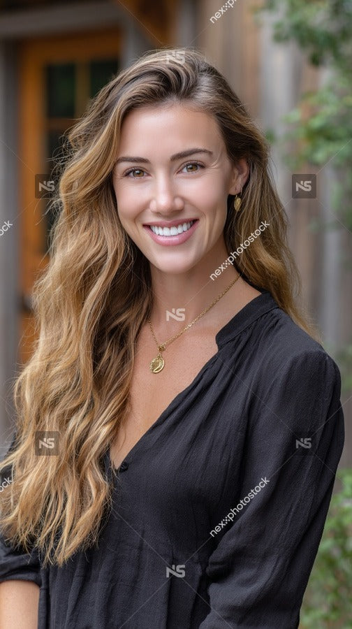 A Woman Posing For A Portrait Wearing A Black Top And Standing Outdoors With A Natural Backdrop — Stock Photo