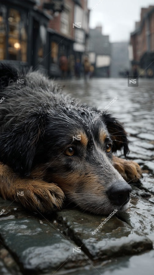 A Dog Lying On A Cobblestone Street In The Rain — Stock Photo