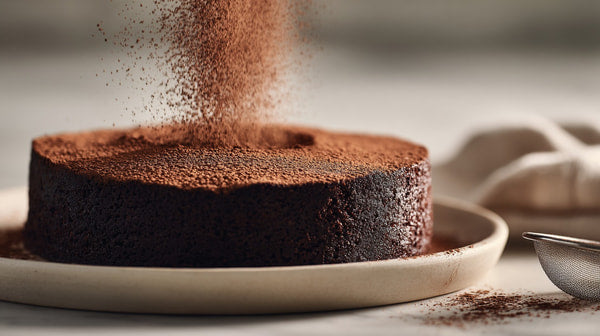 A Chocolate Cake With Powdered Sugar On A White Plate Ready To Be Served — Stock Photo